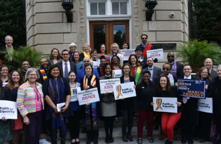 Interfaith leaders gather at the United Methodist Building on Tuesday to urge Congress to pass the Equality Act. 