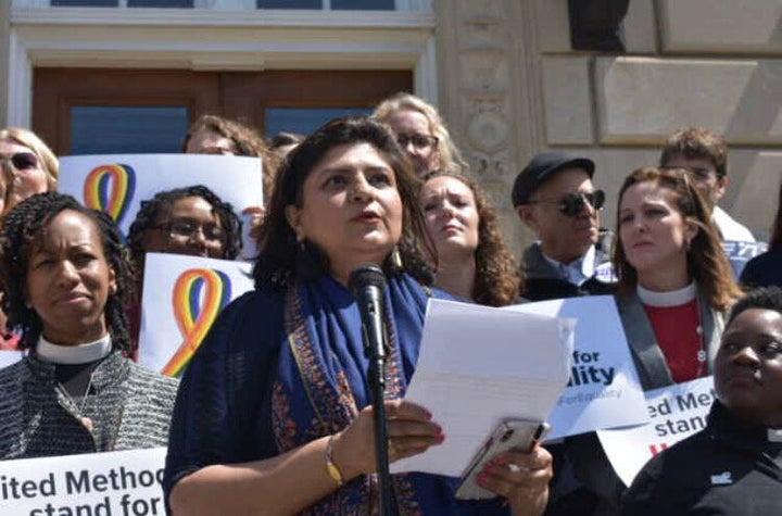 Urooj Arshad, co-founder of the Muslim Alliance for Sexual and Gender Diversity, speaks at the prayer rally.