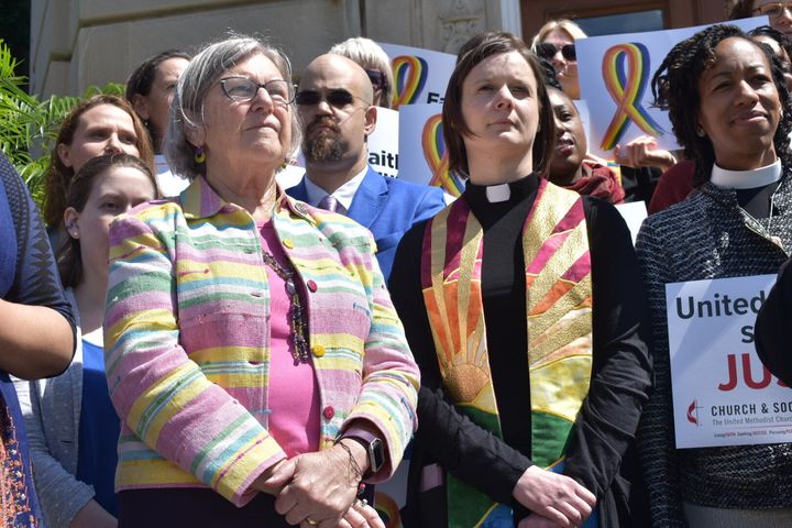 Sister Simone Campbell (left), a nun and the executive director of Catholic social justice group NETWORK, participates in a rally for the Equality Act in Washington, D.C.