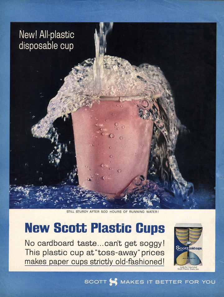 A 1960s magazine ad for disposable plastic cups tries to edge out similar products made of paper, emphasizing plastic's affordable "toss-away prices."