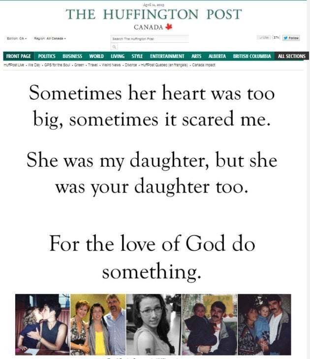 The front page of HuffPost Canada on April 11, 2013, featuring a blog by Glen Canning, father of N.S. teen Rehtaeh Parsons, who died by suicide.