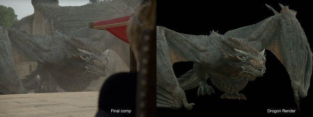 A composite image of a dragon by Image Engine, right, and the final show image, left.