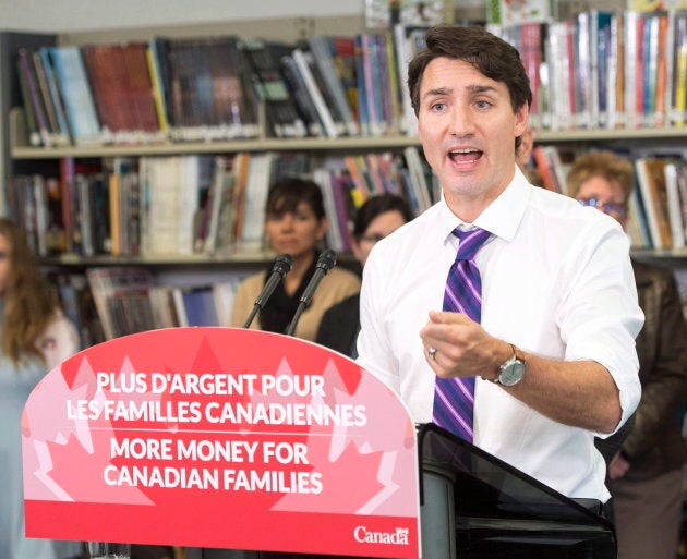 Prime Minister Justin Trudeau speaks to the media about changes to the Canada Child Benefit on Oct. 27, 2017 in Saint Bruno-de-Montarville, Que.