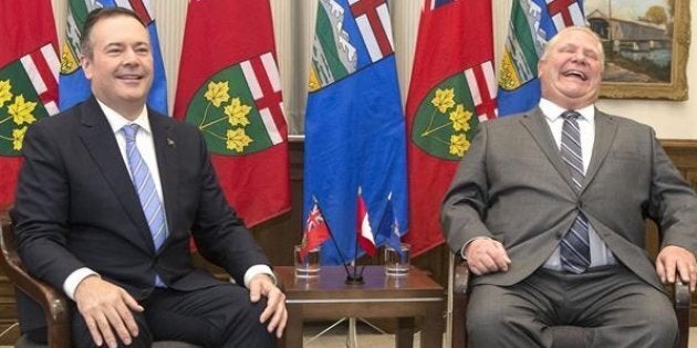 Alberta Premier Jason Kenney meets with Ontario Premier Doug Ford for a photo opportunity at Queen's Park in Toronto on May 3, 2019.