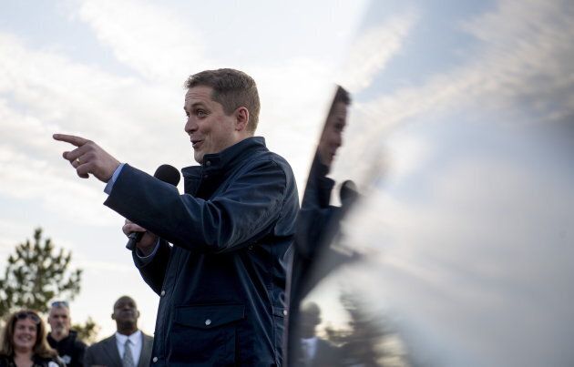Conservative leader Andrew Scheer speaks to supporters before a door-knocking event for volunteers in the Kanata suburb of Ottawa on April 25, 2019.