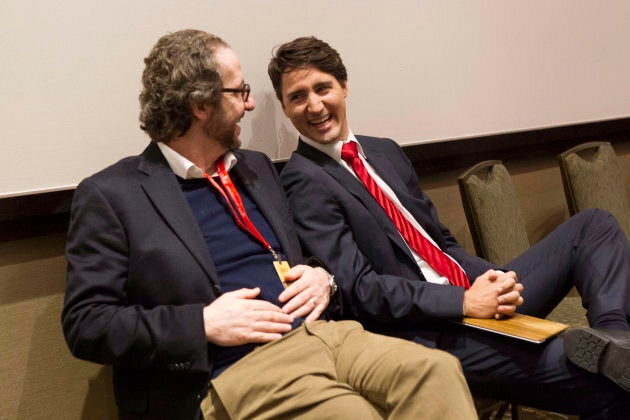 Gerald Butts chats with Justin Trudeau after taking part in a Liberal leadership debate in Mississauga, Ont., on Feb. 16, 2013.