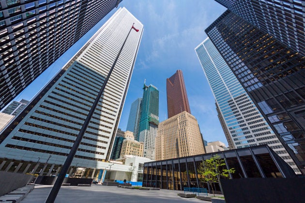 The office towers of Bank of Montreal, Scotiabank, CIBC and Royal Bank in Toronto's financial district.