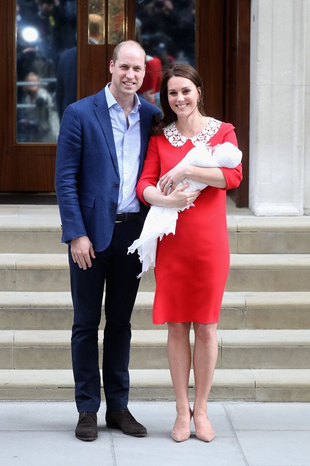 Prince William, Duke of Cambridge and Catherine, Duchess of Cambridge depart the Lindo Wing with their newborn son Prince Louis of Cambridge at St Mary's Hospital on April 23, 2018 in London, England.