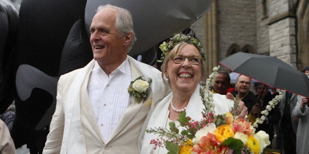 Federal Green Party leader Elizabeth May and her husband John Kidder greet the public after their wedding at the Christ Church Cathedral in Victoria on April 22, 2019.