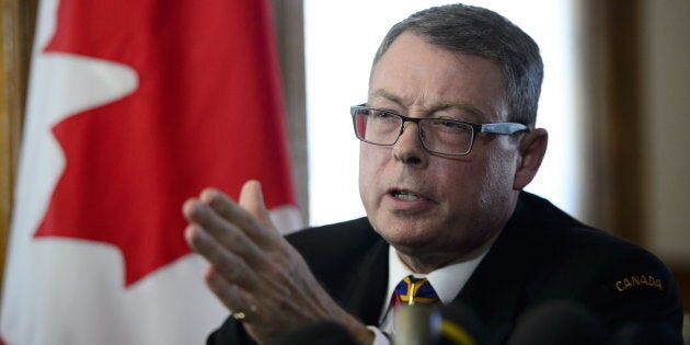 Vice Admiral Mark Norman reacts during a press conference in Ottawa on May 8, 2019.