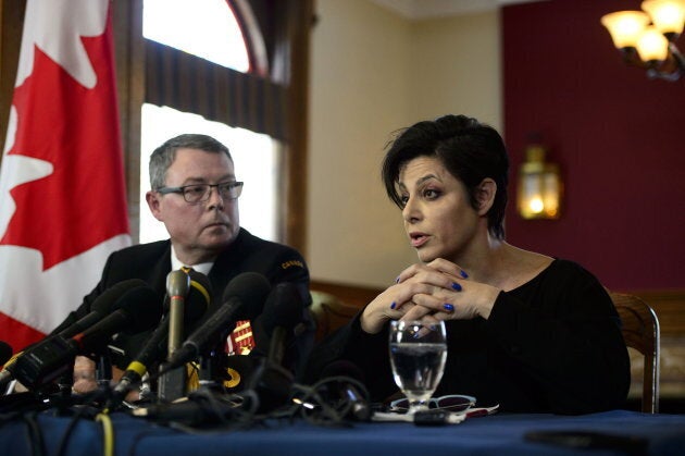 Vice-Admiral Mark Norman sits with his lawyer Marie Henein at a press conference in Ottawa on May 8, 2019.