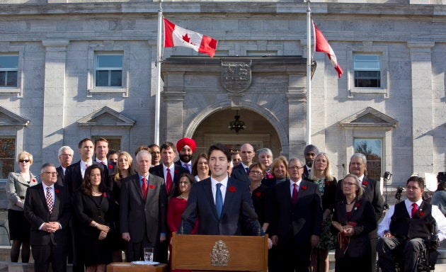 Prime Minister Justin Trudeau holds a news conference with his cabinet after they were sworn-in at Rideau Hall on Nov. 4, 2015. Weeks later, details of a cabinet decision regarding a shipbuilding deal was leaked to media.