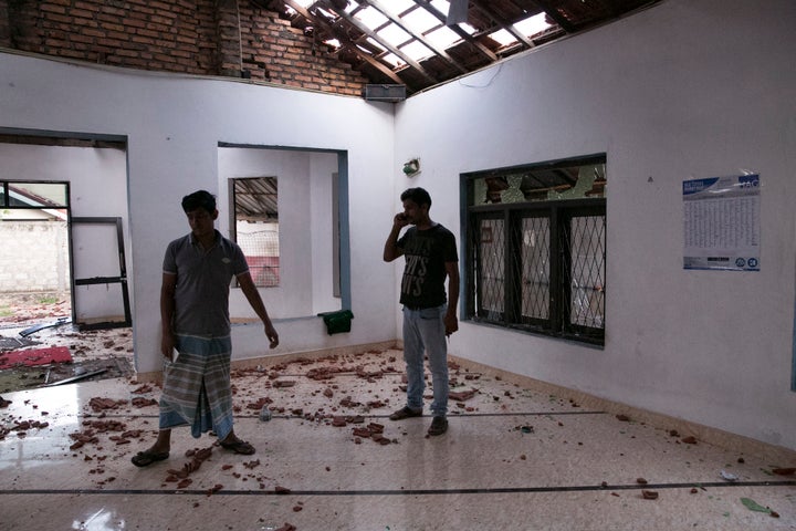 A damaged mosque that was attacked by a mob is seen on May 14, 2019 in Thummodara, Sri Lanka. 