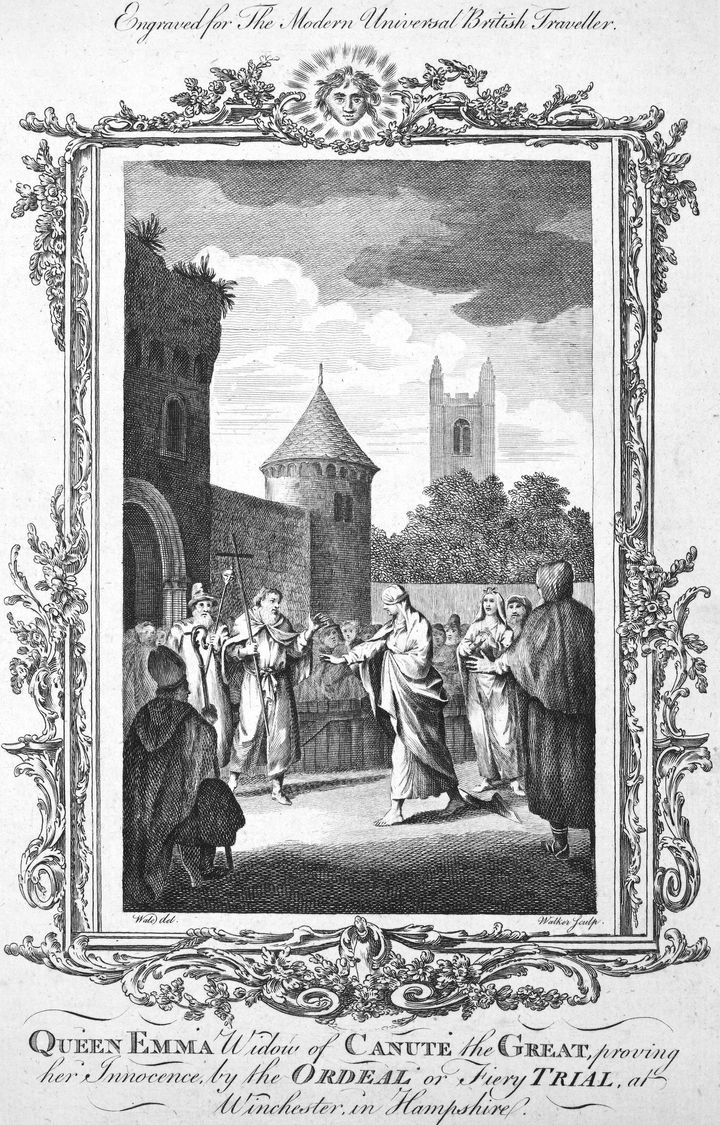 An 18th century engraving purporting to show Queen Emma, widow of Canute the Great, proving her innocence by the ordeal or fiery trail at Winchester in Hampshire