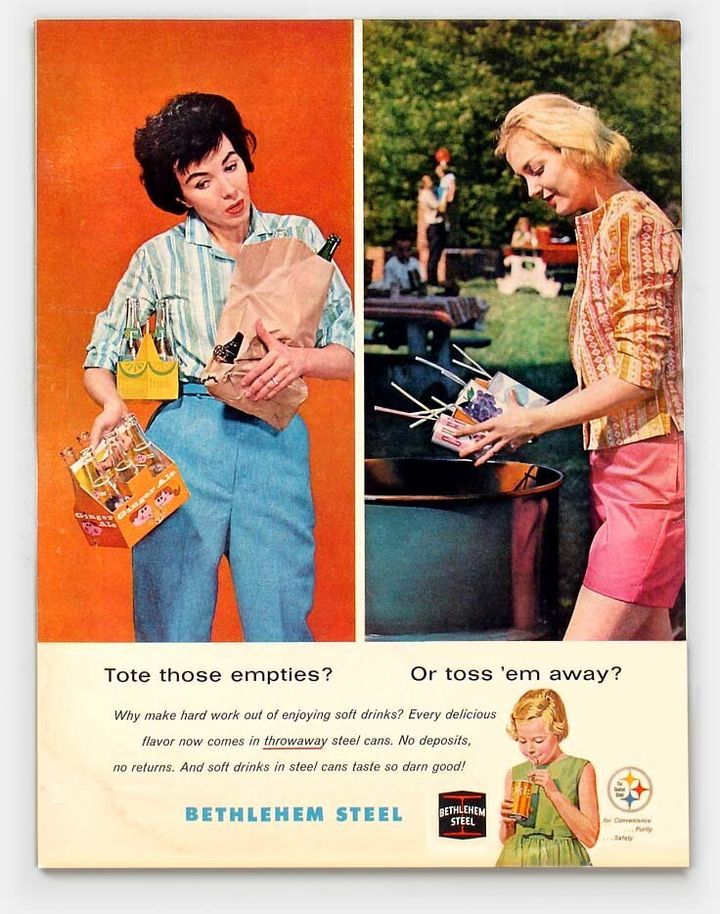 Vintage ad touting the convenience of throwaway cans vs. reusable glass bottles.