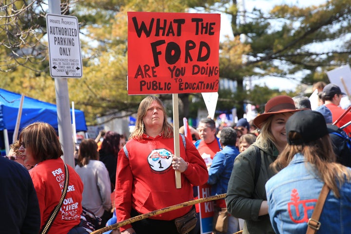 A protester at Queen's Park in Toronto on April 6, 2019. Educators, parents and experts are concerned high school students won't be motivated to learn if they aren't required to go to class, and instead do coursework independently online.