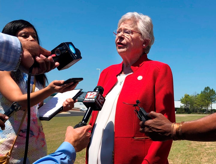 Alabama Gov. Kay Ivey (R) discusses a bill that would virtually outlaw abortion in the state while visiting a car factory at Montgomery on May 15, 2019. Ivey, who has described herself as opposing abortion, said she has not yet reviewed the legislation or made a decision on whether to sign it.