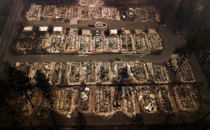 The remains of homes leveled by the wildfire last November in Paradise, California.