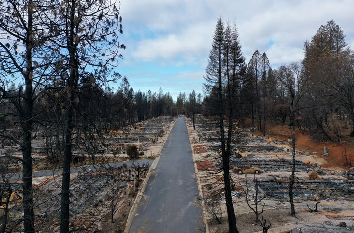 An aerial view of homes destroyed by the Camp Fire on February 11, 2019 in Paradise, California. Three months after the deadly and destructive Camp Fire, the community is beginning the rebuilding process. (Photo by Justin Sullivan/Getty Images)