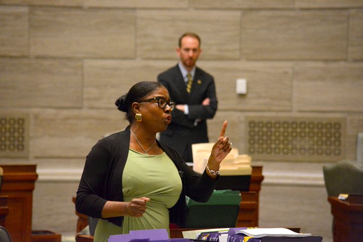 During debate in the Missouri Senate in Jefferson City on May 15, 2019, Democratic state Sen. Karla May makes a point regarding the proposed new abortion law. 