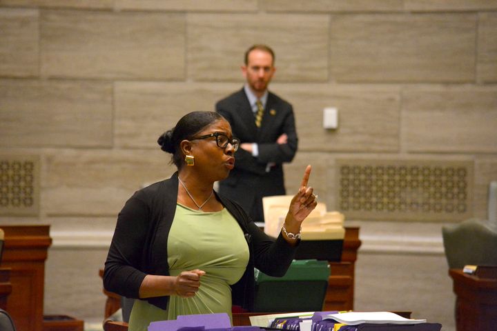 During debate in the Missouri Senate in Jefferson City on May 15, 2019, Democratic state Sen. Karla May makes a point regardi