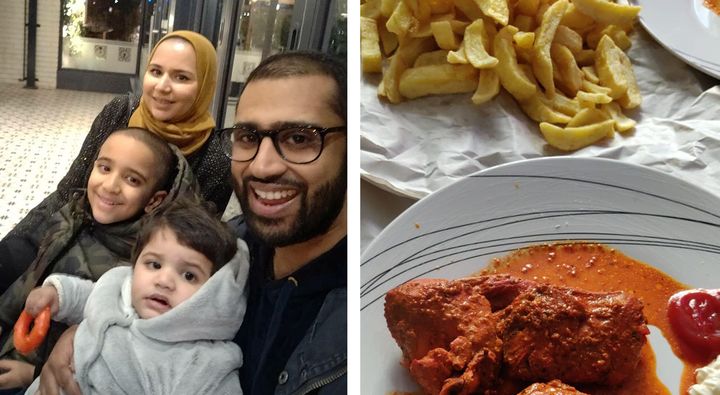 Humera Mosa with her family, alongside her classic tandoori chicken and chips meal.
