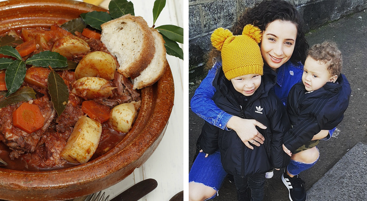 Lillian Debono with her two kids and a rabbit stew her mum makes. 