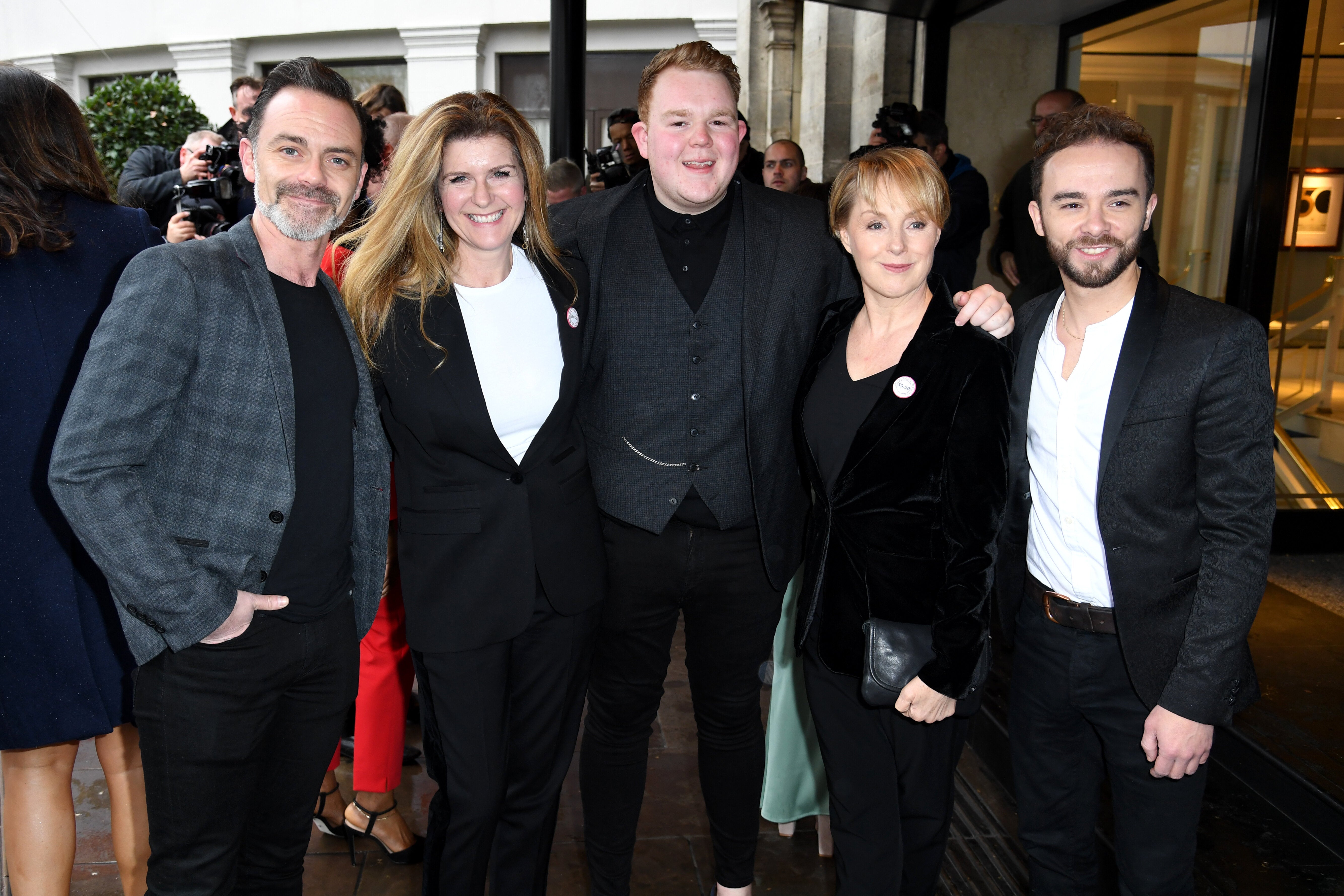 Members of the cast of Coronation Street (left to right: Dan Brocklebank, Connie Hyde, Colson Smith, Sally Dyvenor, Jack P. Shepard attending the TRIC Awards 50th Birthday held at The Grosvenor House Hotel, London. Picture Credit Should Read: Doug Peters/EMPICS