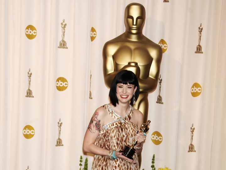 Diablo Cody with her Oscar for Best Original Screenplay in 2008. (Photo by Alain BENAINOUS/Gamma-Rapho via Getty Images)