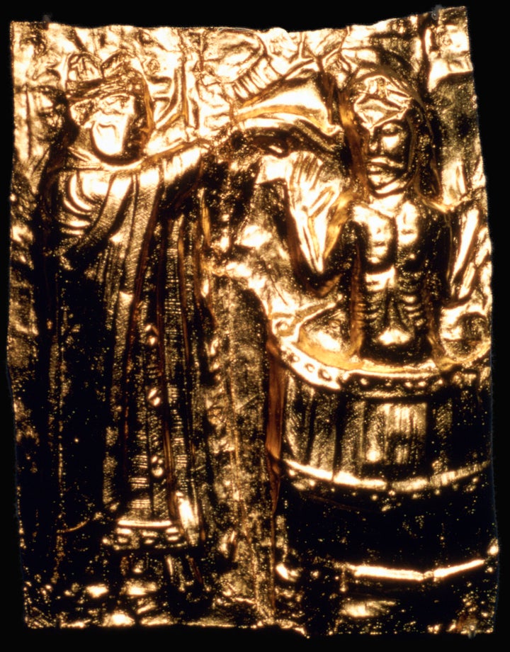 This gilt plaque is believed to depict King Harald Bluetooth's baptism in the 10th century. 