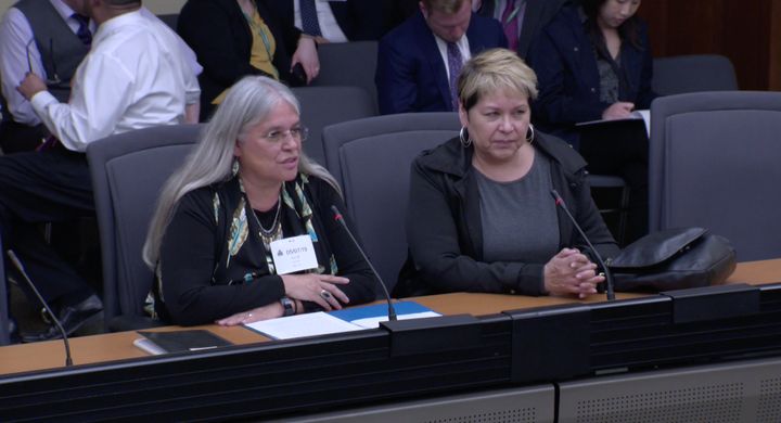Six Nations Chief Ava Hill and director of justice Barbara General present at the Ontario government's finance committee on May 7, 2019.