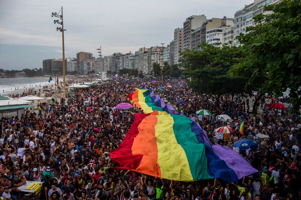 A giant rainbow flag during a Pride parade at Copacabana beach in Rio de Janeiro on Sept. 30, 2018.