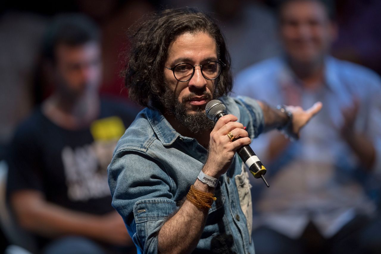 Jean Wyllys speaks during a rally of Brazilian leftist parties at Circo Voador in Rio de Janeiro on April 2, 2018.