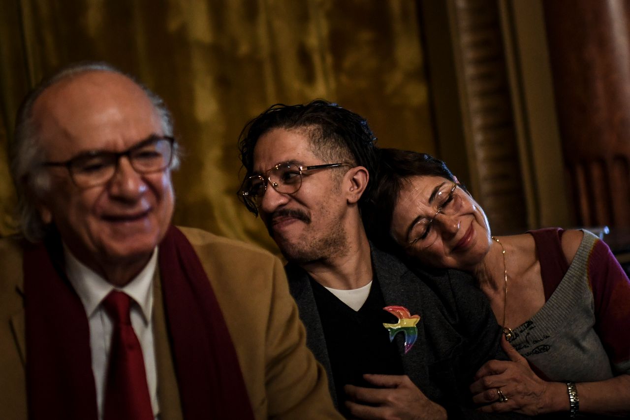 Jean Wyllys, center, at a conference titled "Why exile from Brazil today?" at the Casa do Alentejo in Lisbon on Feb. 27, 2019.