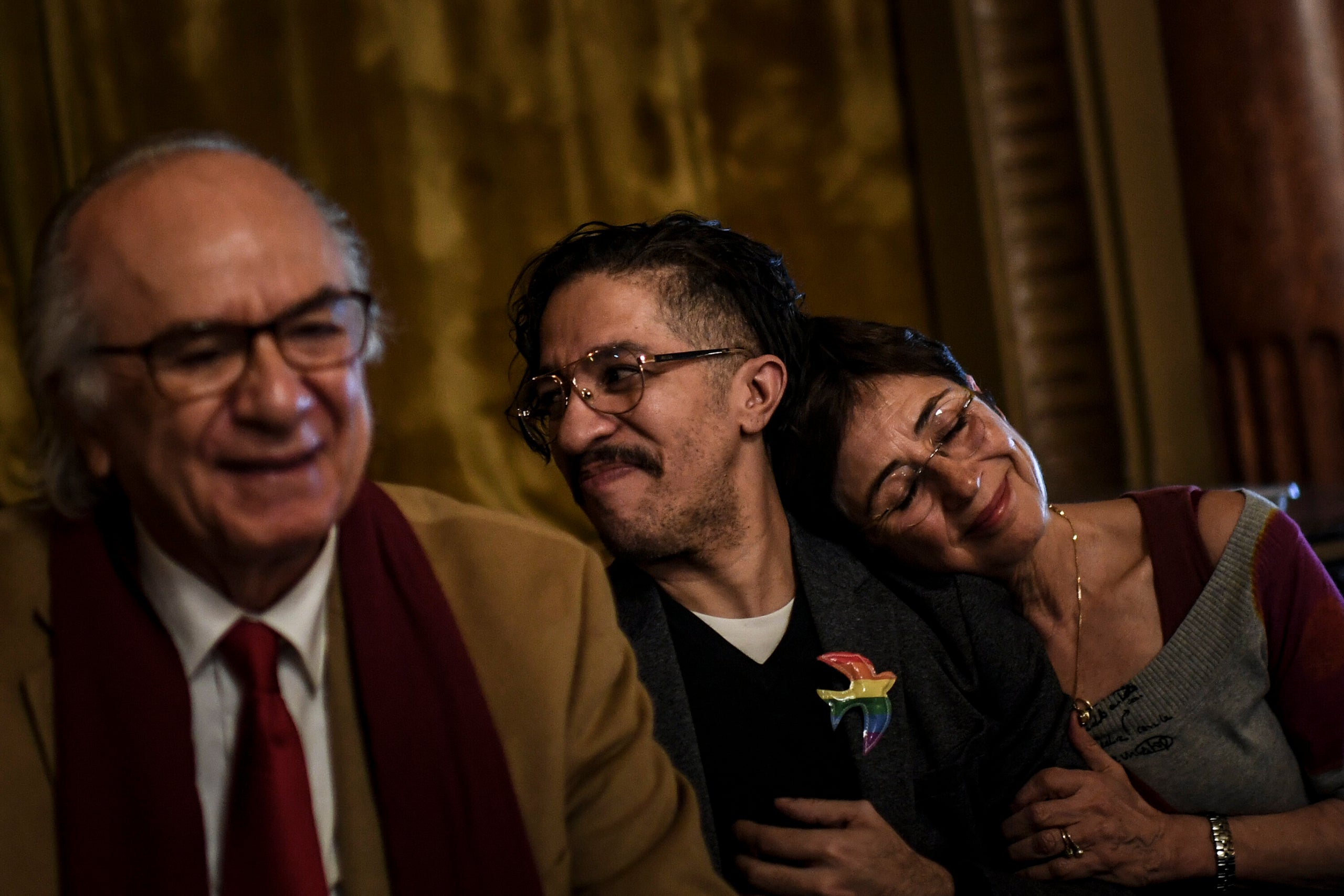 Jean Wyllys, center, at a conference titled "Why exile from Brazil today?" at the Casa do Alentejo in Lisbon on Feb. 27, 2019