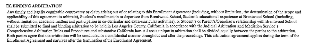 The mandatory arbitration clause in Brentwood School's enrollment agreement.