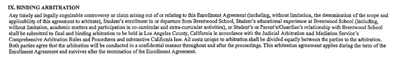 The mandatory arbitration clause in Brentwood School's enrollment agreement.