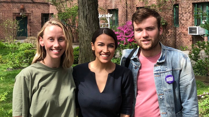 Means TV founders Naomi Burton, left, and Nick Hayes, right, with Alexandria Ocasio-Cortez.