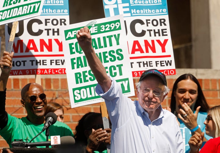 Bernie Sanders spoke at a rally for University of California workers in March. This week his presidential campaign urged supporters to join the picket lines.