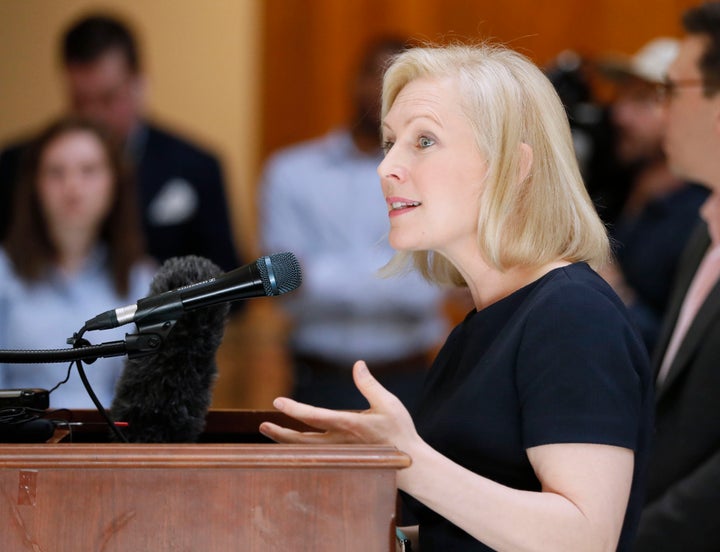 Presidential candidate Sen. Kirsten Gillibrand speaks during a news conference at the Georgia State Capitol in Atlanta on Thu