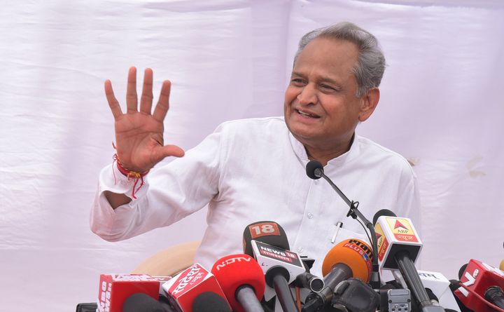 Rajasthan Chief Minister Ashok Gehlot interacts with media persons at a press conference at his residence on May 13, 2019 in Jaipur. 