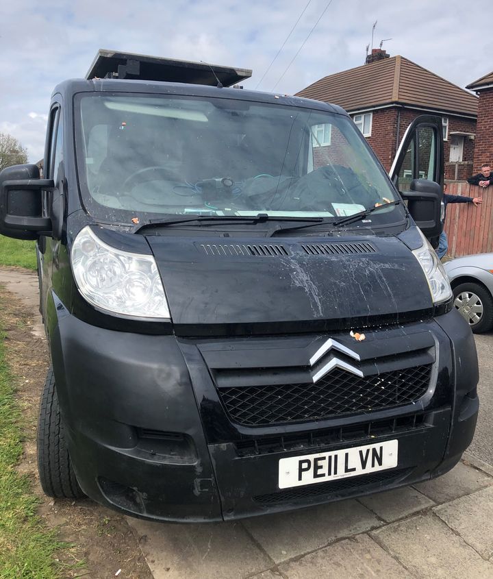 A van with egg shells on as eggs have been thrown at it during a Tommy Robinson election campaign event in Bootle, Merseyside.