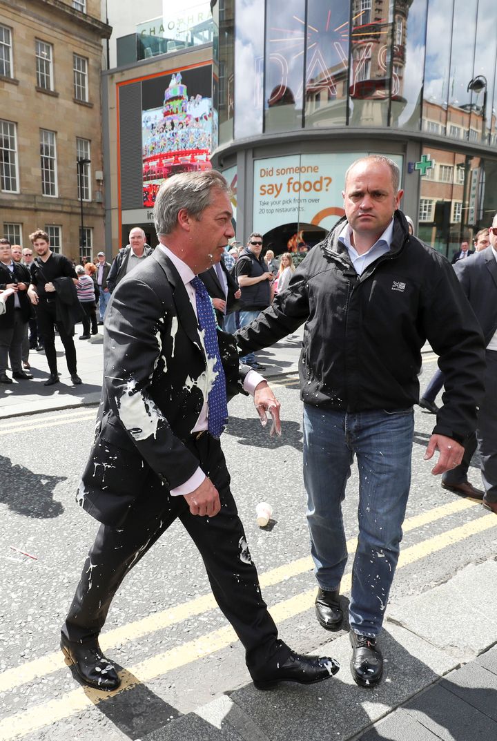 Brexit Party leader Nigel after being hit with a milkshake while arriving for a Brexit Party campaign event in Newcastle