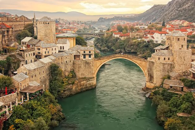 Town of Mostar and Stari Most at sunset, Bosnia and Hercegovina