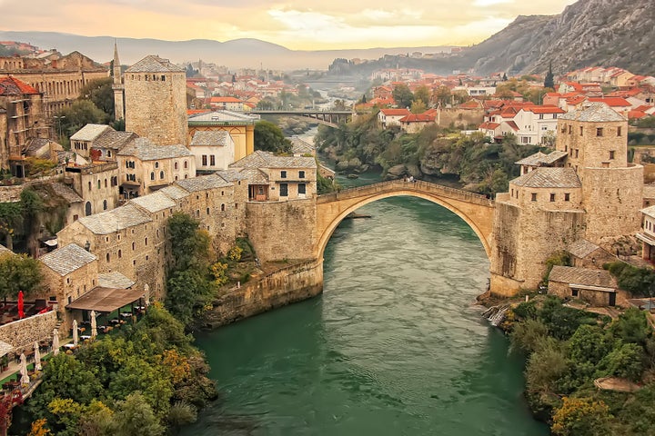 Town of Mostar and Stari Most at sunset, Bosnia and Hercegovina