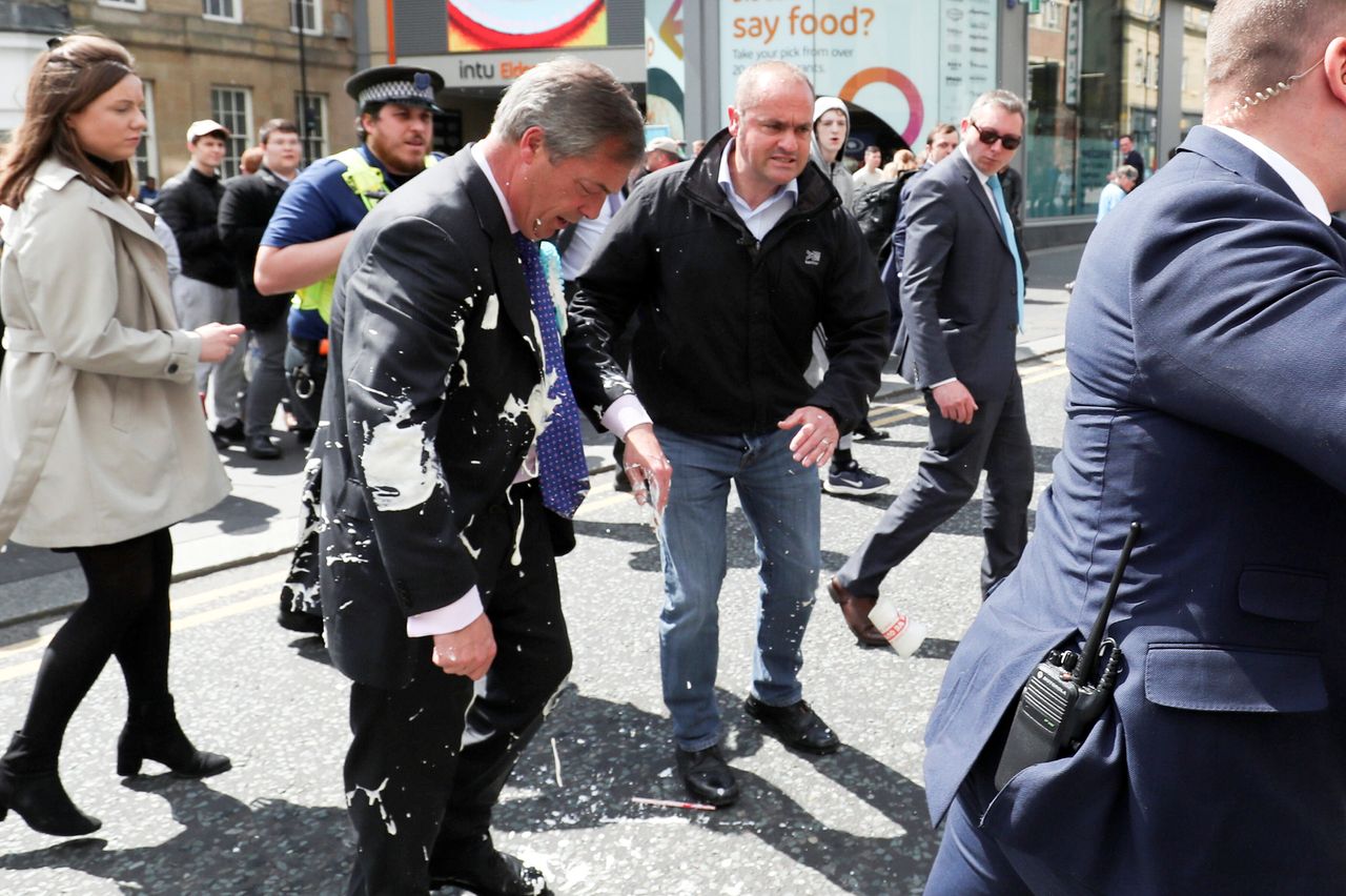 Nigel Farage looks forlorn after being drenched with a £5.25 milkshake in Newcastle this week.