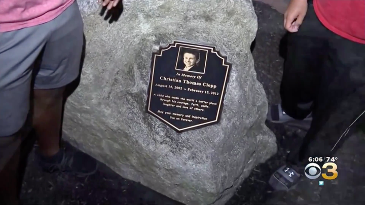 The memorial was erected to honor 9-year-old Christian Clopp, a local Cub Scout who died in 2012 from an inoperable brain tum