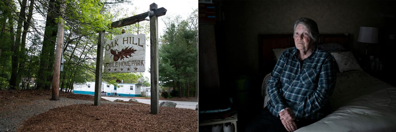 Left: The entrance to Oak Hill Mobile Home Park. Right: Kathy Zorotheos poses for a portrait inside her home in the resident-owned Oak Hill Mobile Home Park.