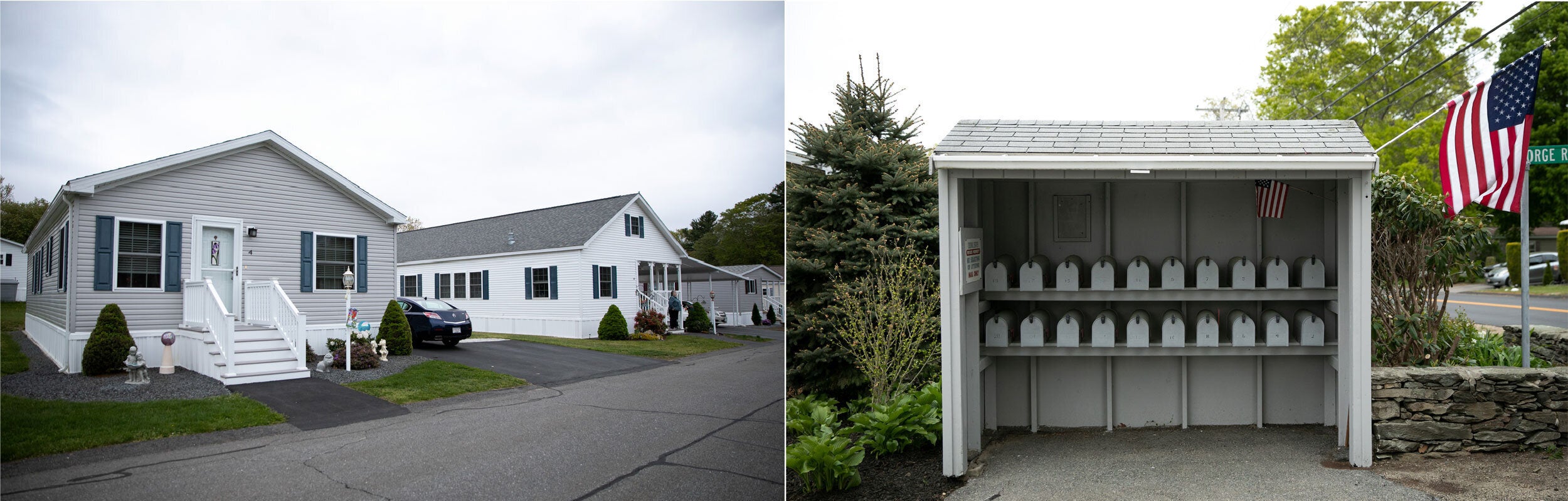 Left: A view of homes in the Colonial Estates community in Taunton. Right: Mailboxes in the Colonial Estates community.