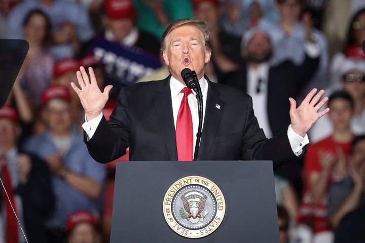 President Donald Trump speaks during a "Make America Great Again" campaign rally at Williamsport Regional Airport on May 20,